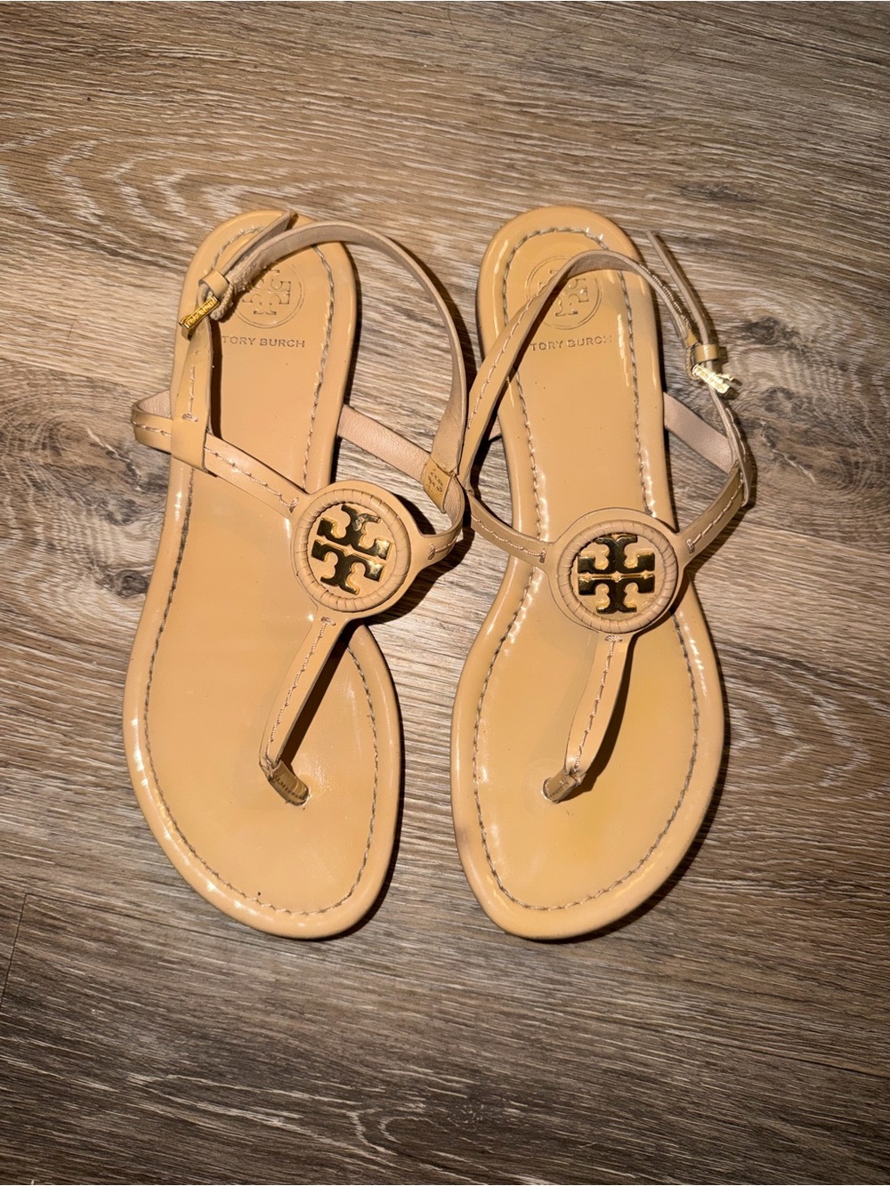 Tory Burch Beige Leather Logo Thong Sandals